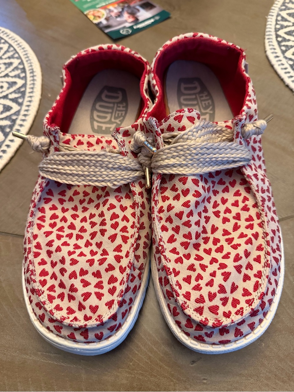 Hey Dude Womens Slip-On Sneakers with Red Heart Print